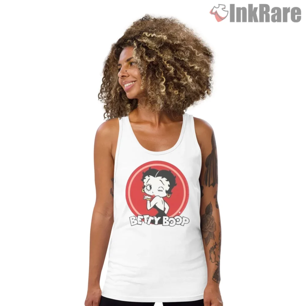 Wink And Kiss Betty Boop Circle Logo Shirt on white tank top for women graphic tee