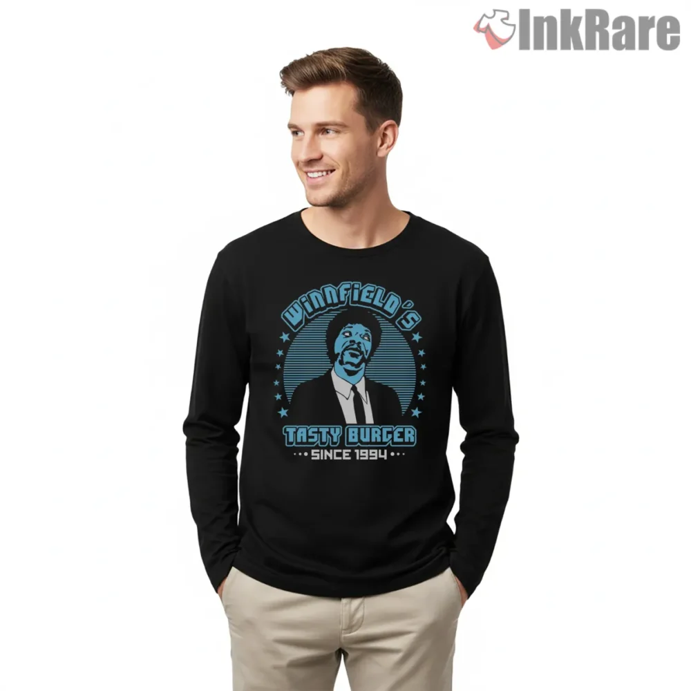 Winnfield Tasty Burger Diner Shirt on black long sleeve shirt for men graphic tee