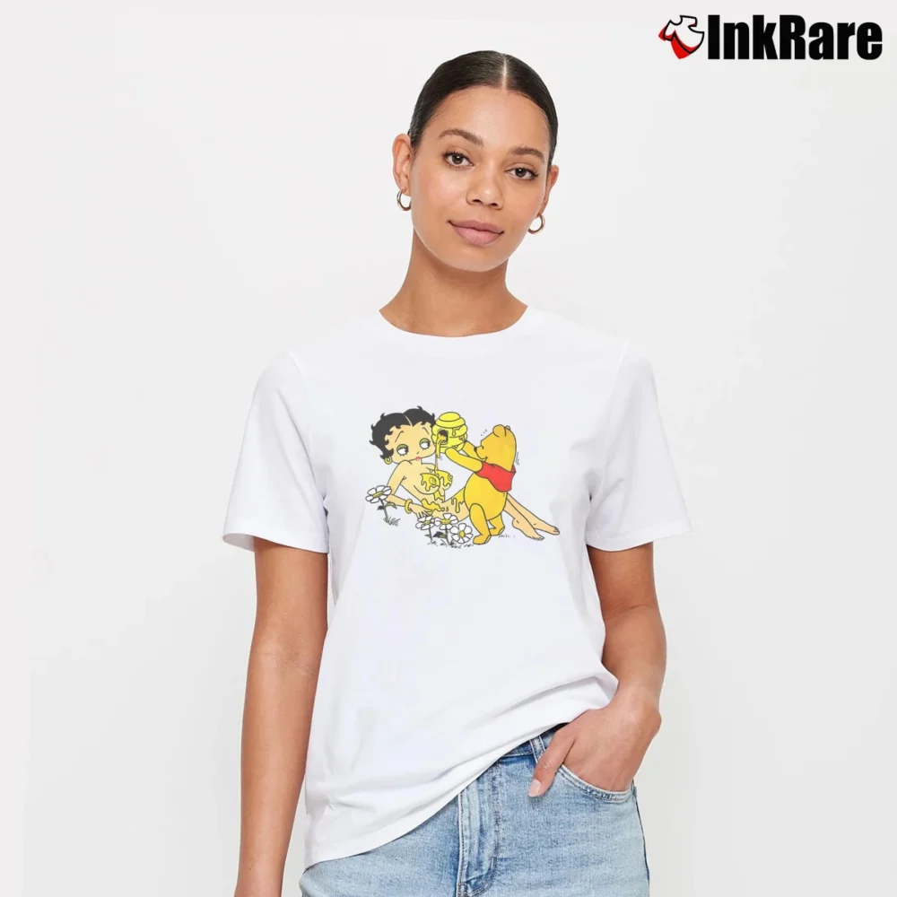 Women’s Winnie The Pooh And Betty Boop Uncensored Cartoon Signature T-Shirt in white | Soft, Flattering Fit