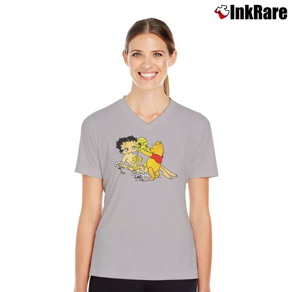 Women’s Winnie The Pooh And Betty Boop Uncensored Cartoon V-Neck Tee in sport grey | Chic Neckline, Soft Texture