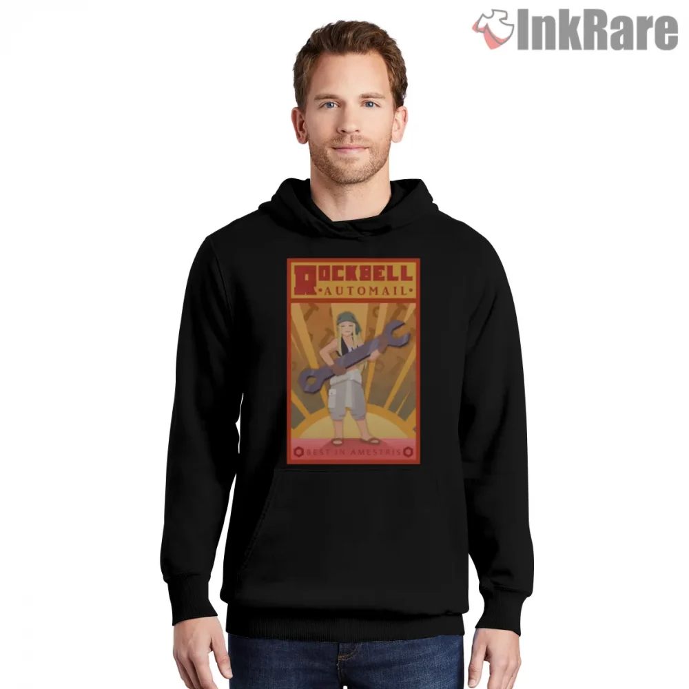 Winry Rockbell Automail Workshop Poster Anime Shirt on black hoodie for men graphic tee