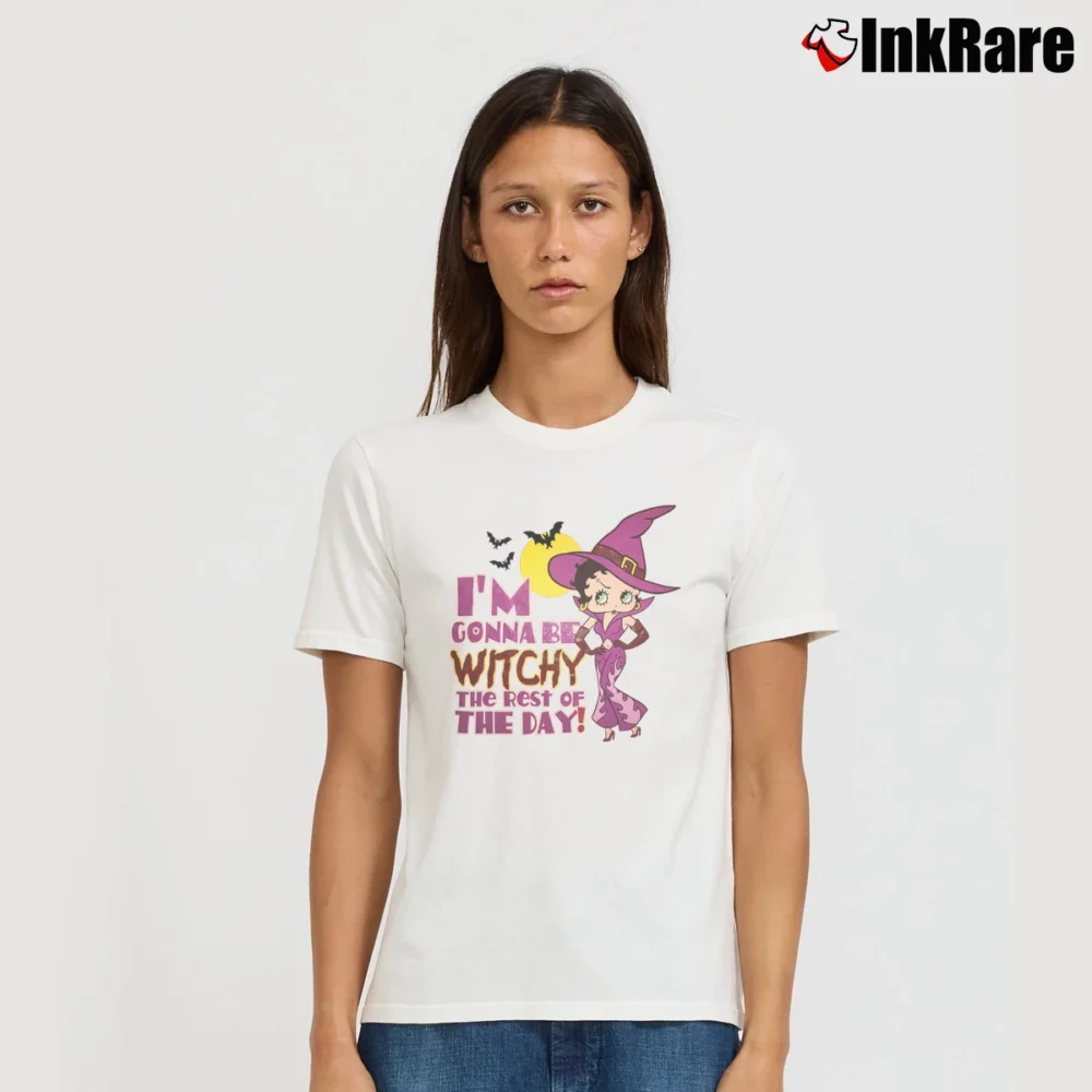 Women’s Witchy Halloween Betty Boop Graphic Cartoon Signature T-Shirt in white | Soft, Flattering Fit