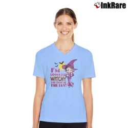 Women’s Witchy Halloween Betty Boop Graphic Cartoon V-Neck Tee in light blue | Chic Neckline, Soft Texture