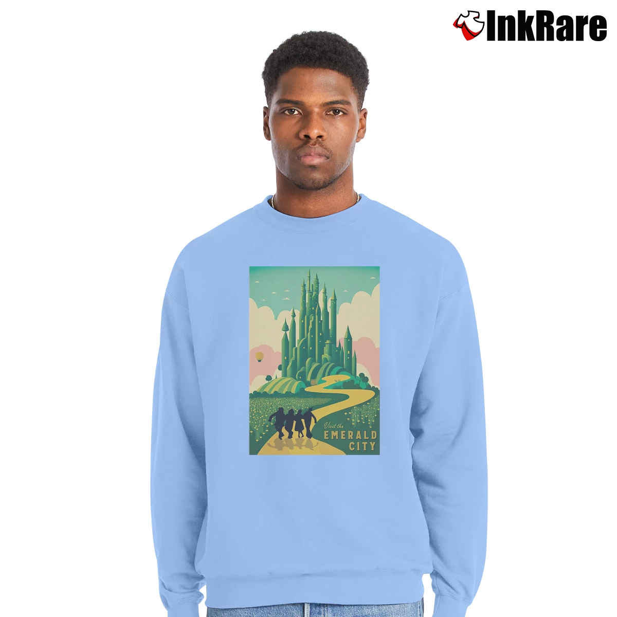 Men’s Wizard Of Oz Emerald City Crewneck Sweatshirt in light blue | Cozy Fabric, Clean Style