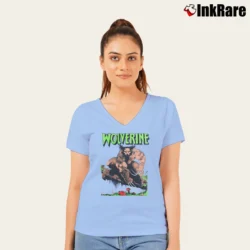 Women’s Wolverine 1991 Marvel Avengers X - men Crossover V-Neck Tee in light blue | Chic Neckline, Soft Texture
