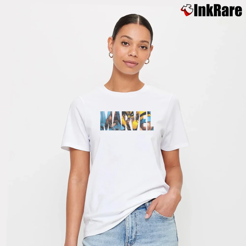Women’s Wolverine Avengers X - men Marvel Logo Graphic Signature T-Shirt in white | Soft, Flattering Fit