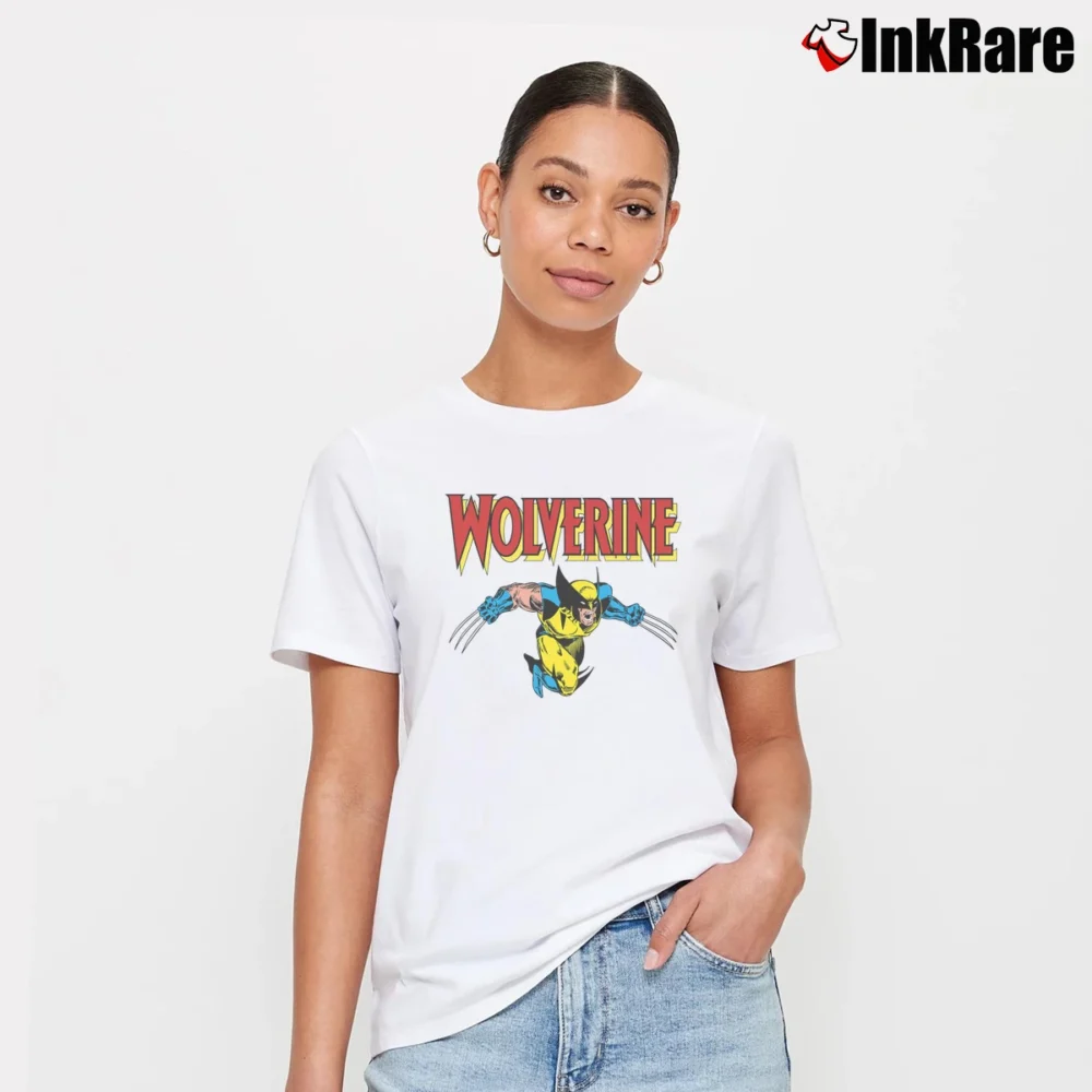 Women’s Wolverine Classic Character Marvel Logo Signature T-Shirt in white | Soft, Flattering Fit