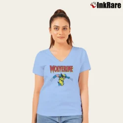 Women’s Wolverine Classic Character Marvel Logo V-Neck Tee in light blue | Chic Neckline, Soft Texture