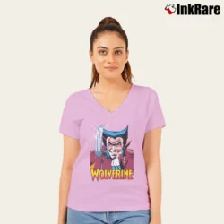 Women’s Wolverine Comic Come Here Pose Marvel V-Neck Tee in light pink | Chic Neckline, Soft Texture
