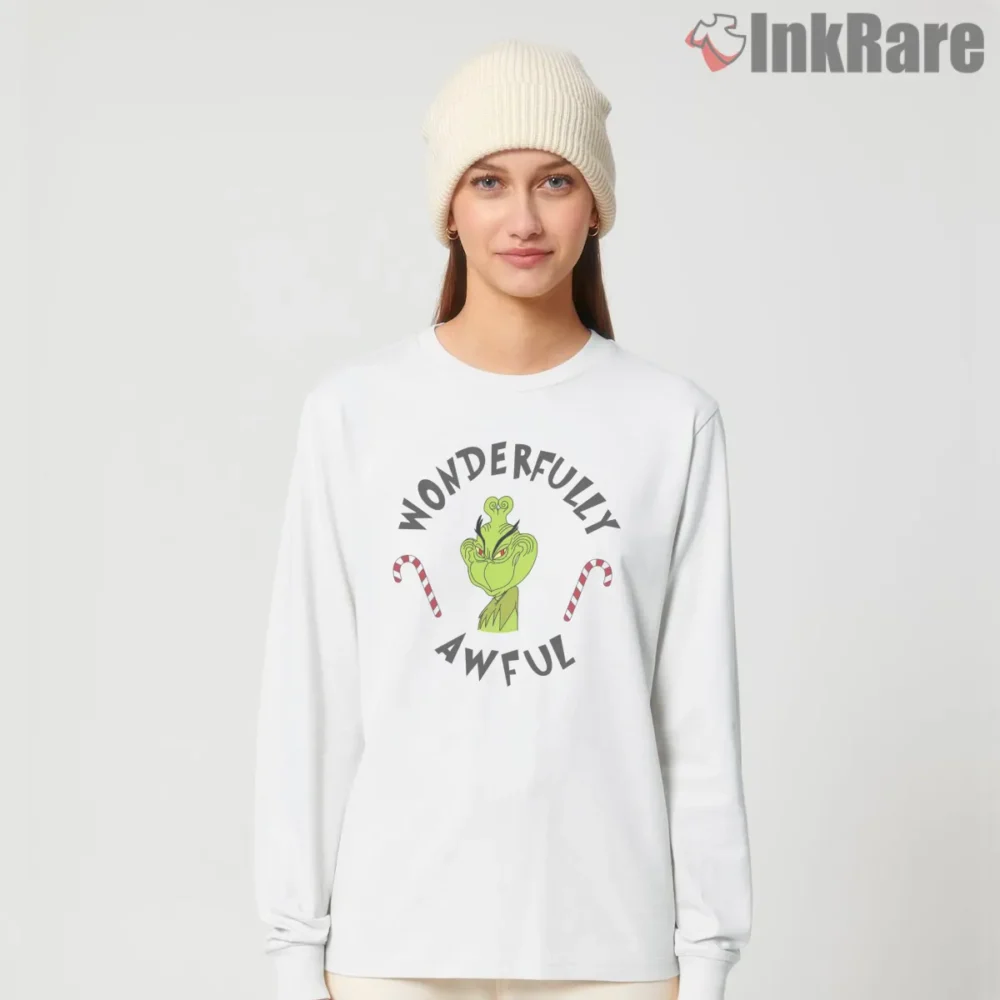 Wonderfully Awful Grinch Candy Cane Shirt on white long sleeve shirt for women graphic tee