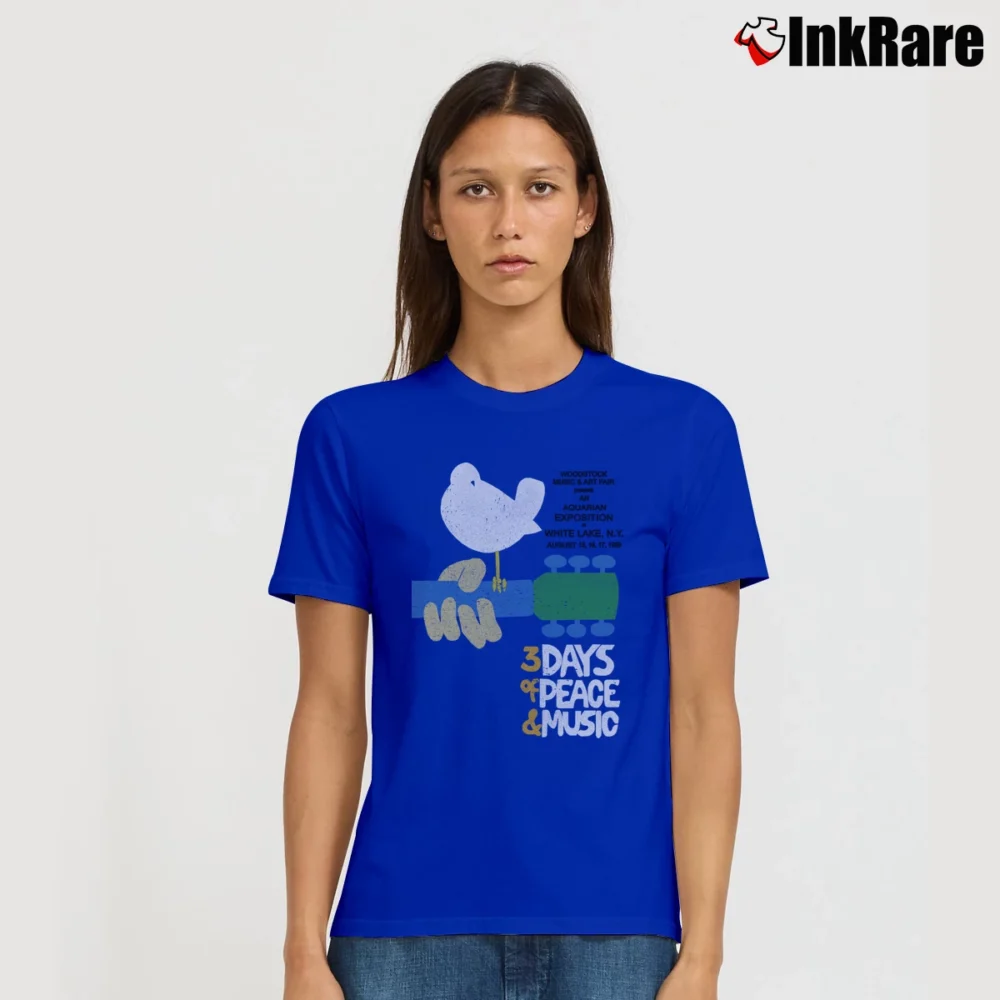 Women’s Woodstock 3 Day Peace And Music Hendrix The Who Airplane Dead Signature T-Shirt in royal blue | Soft, Flattering Fit
