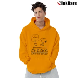 Men’s Woodstock And Snoopy Chicks Make No Sense Pullover Hoodie in orange | Cozy, Durable, Modern Fit
