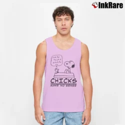 Men’s Woodstock And Snoopy Chicks Make No Sense Tank Top in light pink | Breathable, Active-Friendly Design