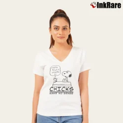 Women’s Woodstock And Snoopy Chicks Make No Sense V-Neck Tee in white | Chic Neckline, Soft Texture