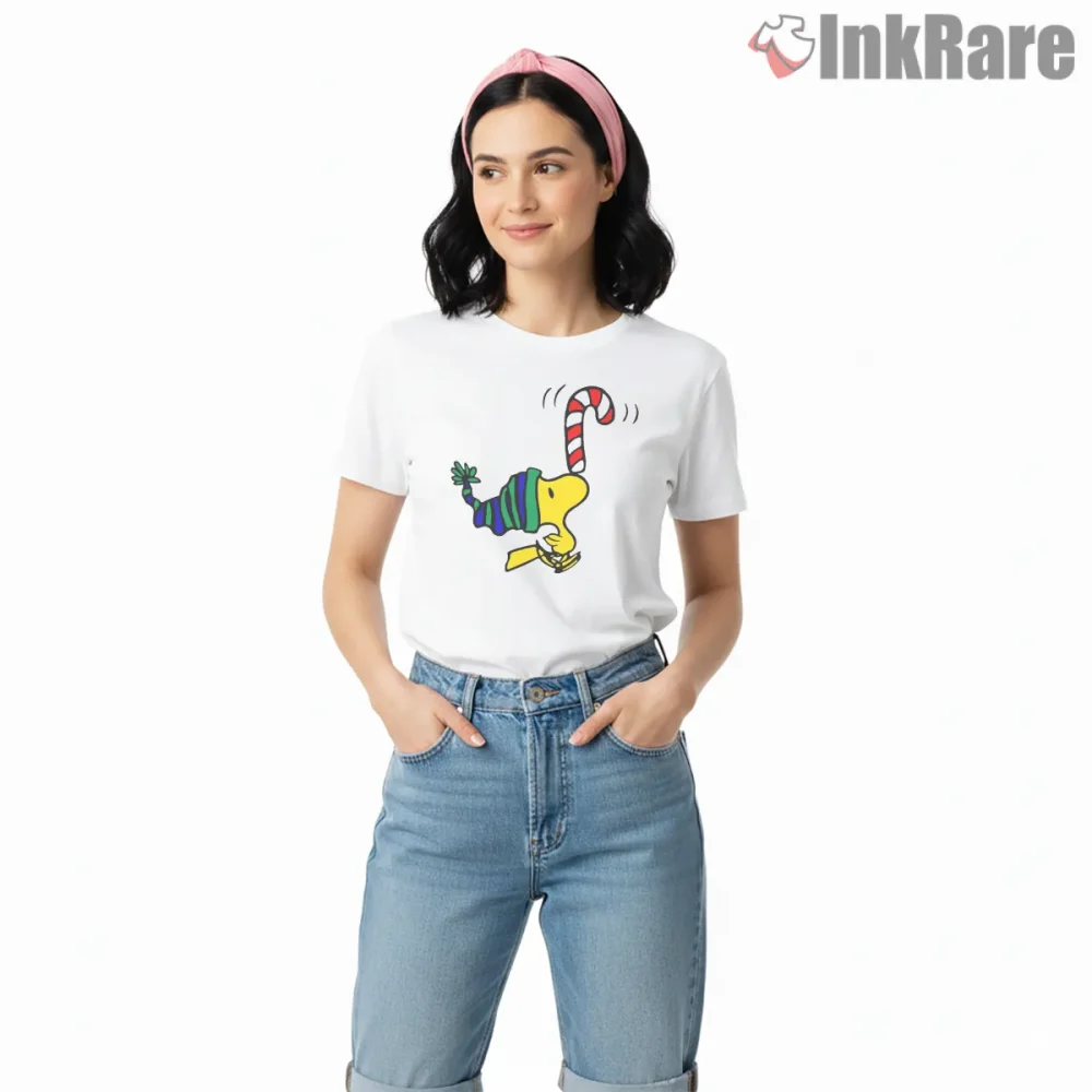 Woodstock Candy Cane Winter Shirt on white short sleeve shirt for women graphic tee