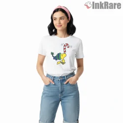 Woodstock Candy Cane Winter Shirt on white short sleeve shirt for women graphic tee