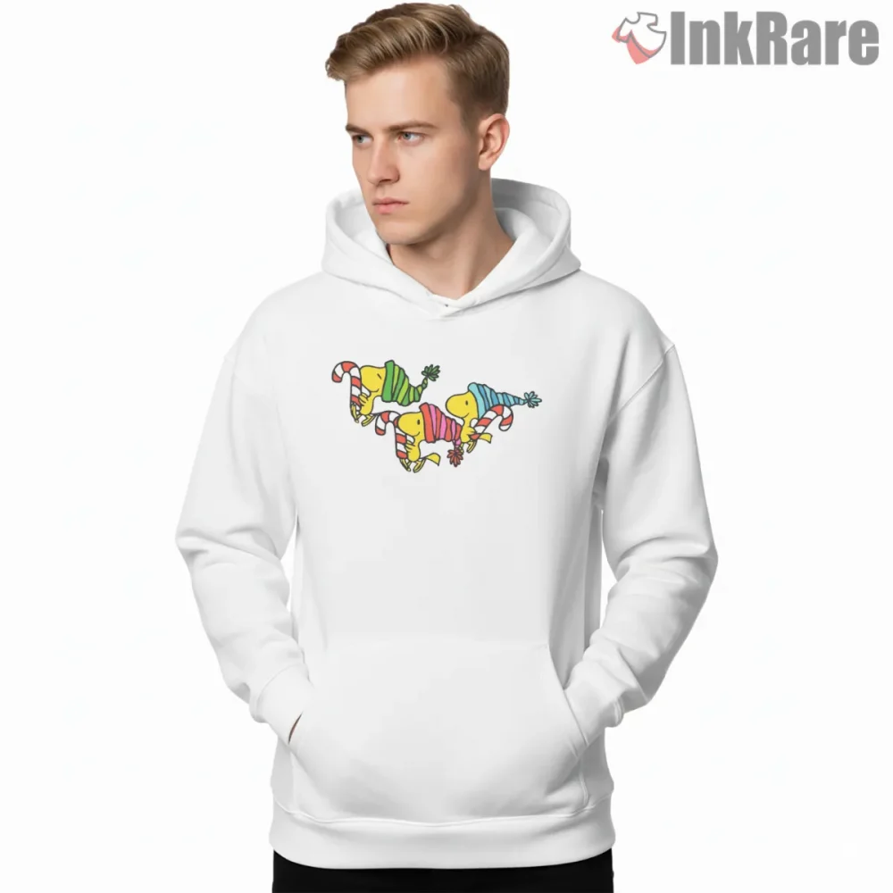 Woodstock Christmas Parade Candy Cane Shirt on white hoodie for men graphic tee