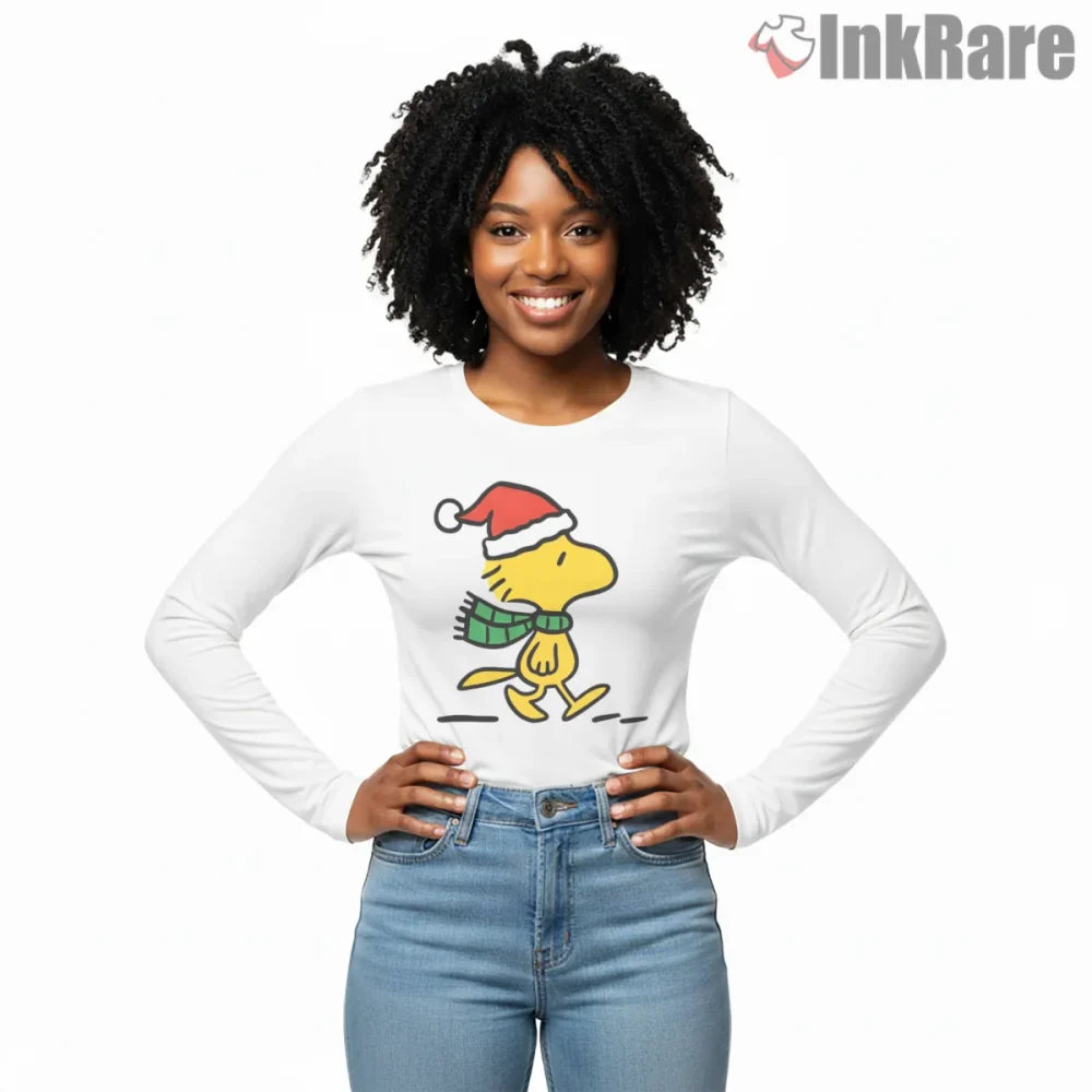 Woodstock Christmas Santa Hat Scarf Shirt on white long sleeve shirt for women graphic tee