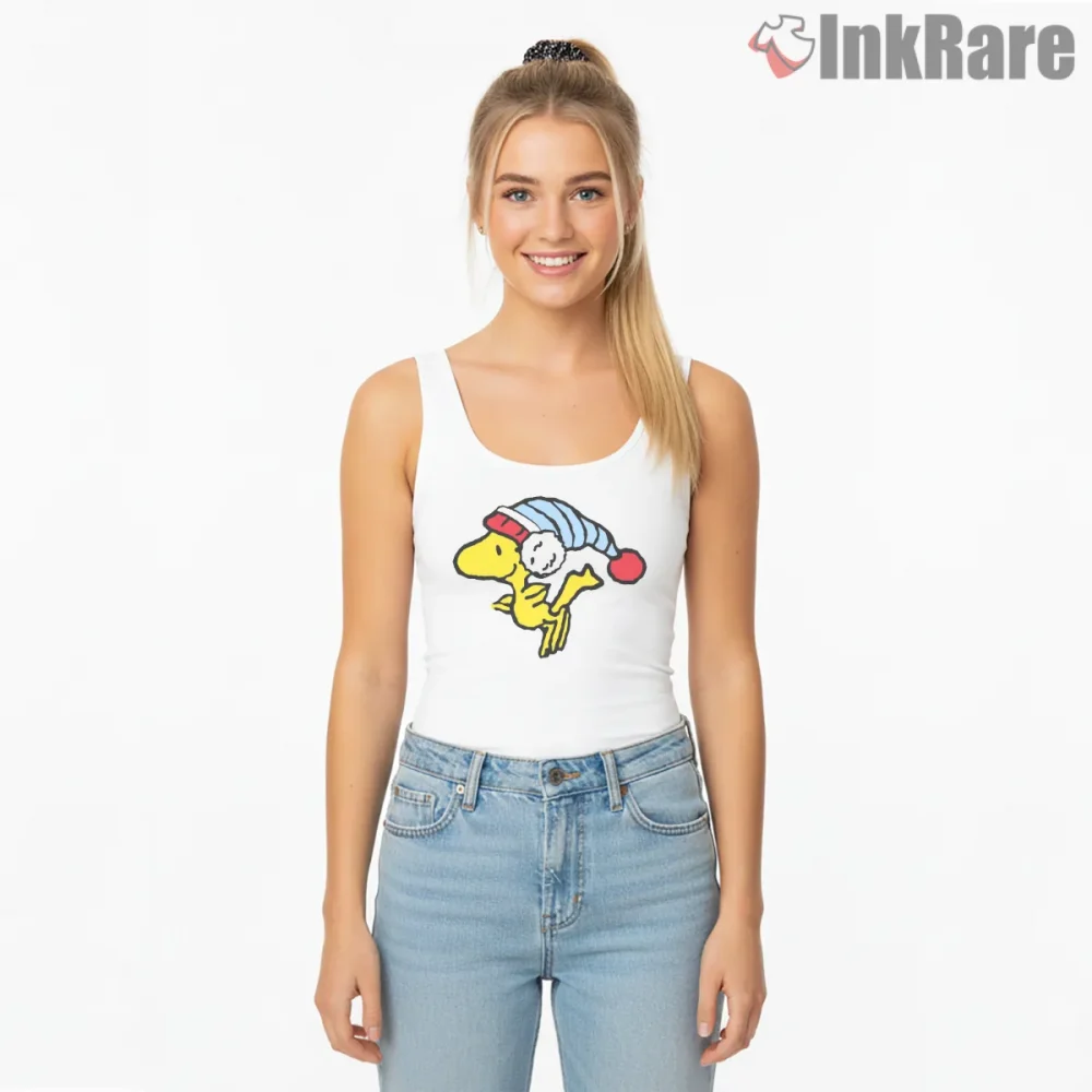 Woodstock Christmas Santa Hat Shirt on white tank top for women graphic tee