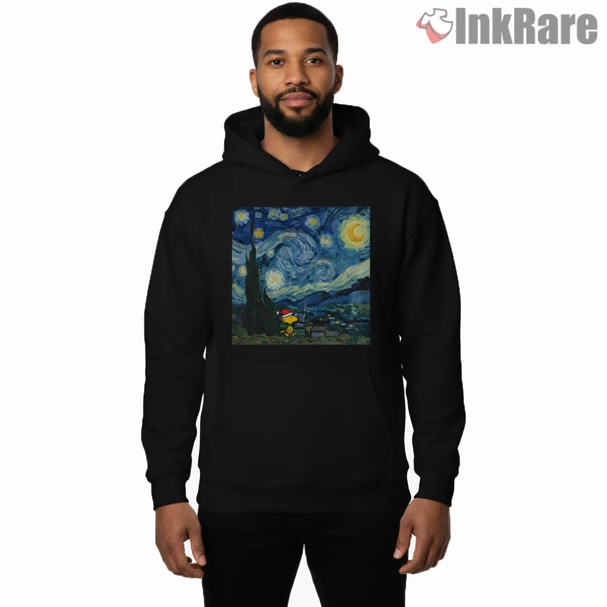 Woodstock Christmas Starry Night Art Inspired Hoodie Black Woodstock Christmas Starry Night Art Inspired Shirt on black hoodie for men graphic tee