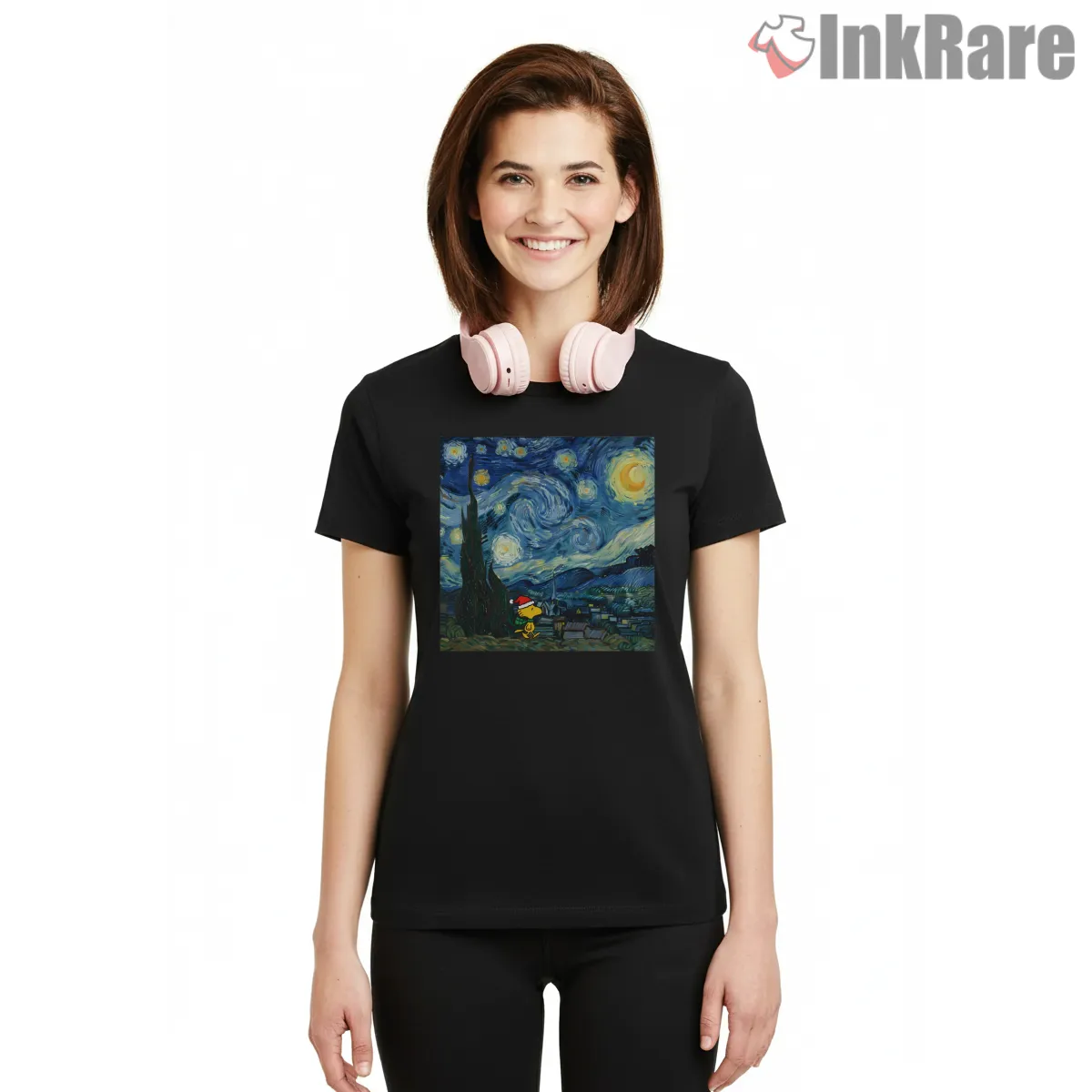 Woodstock Christmas Starry Night Art Inspired Shirt on black short sleeve shirt for women graphic tee