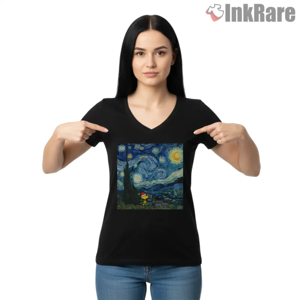 Woodstock Christmas Starry Night Art Inspired Shirt on black v-neck shirt for women graphic tee