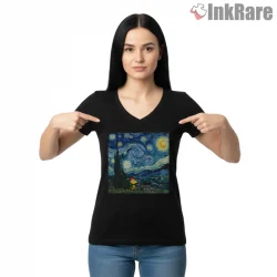 Woodstock Christmas Starry Night Art Inspired Shirt on black v-neck shirt for women graphic tee