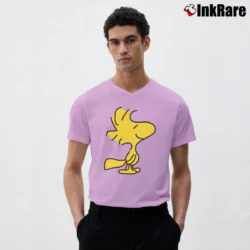 Men’s Woodstock Snoopy Charlie Brown Peanuts V-Neck Tee in light pink | Sharp, Breathable, Everyday Staple