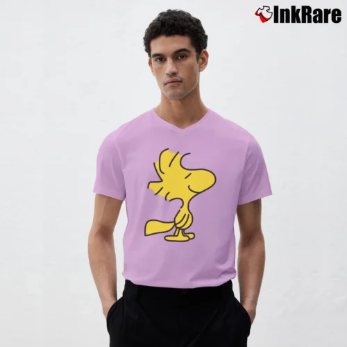 Men’s Woodstock Snoopy Charlie Brown Peanuts V-Neck Tee in light pink | Sharp, Breathable, Everyday Staple