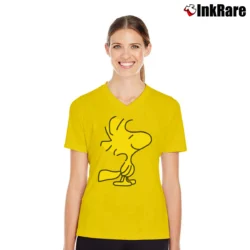 Women’s Woodstock Snoopy Charlie Brown Peanuts V-Neck Tee in yellow | Chic Neckline, Soft Texture