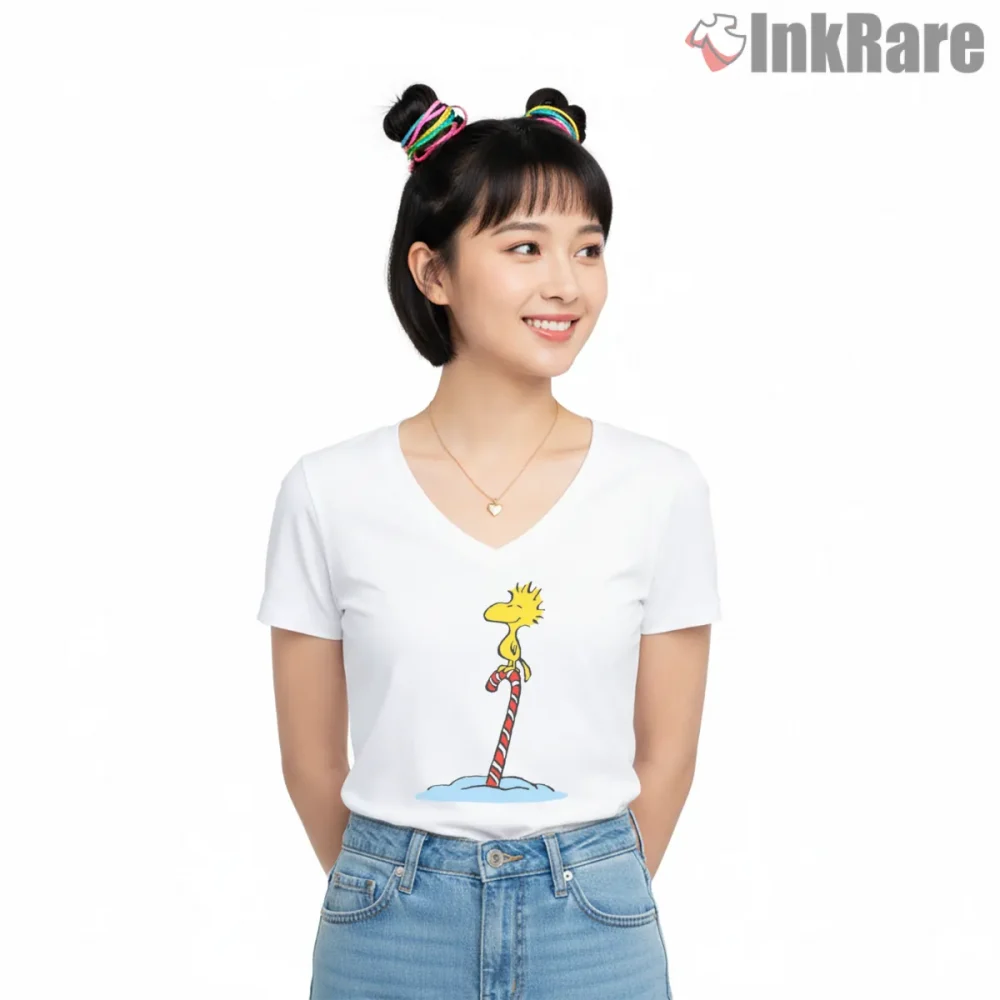 Woodstock Winter Season Candy Cane Shirt on white v-neck shirt for women graphic tee