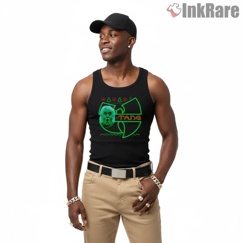 Wooo Tang Wrestling Parody Neon Holiday Shirt on black tank top for men graphic tee