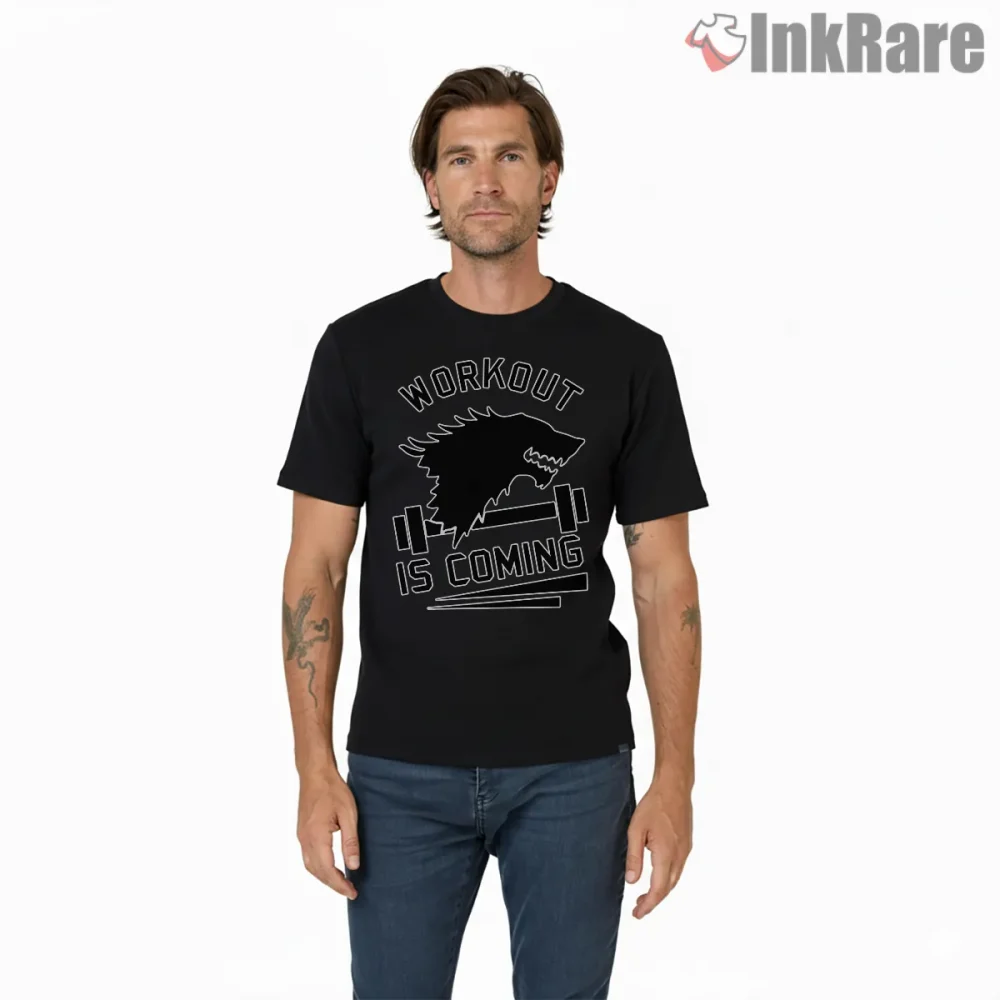Workout Is Coming Gym Parody Stark Barbell Shirt on black short sleeve shirt for men graphic tee
