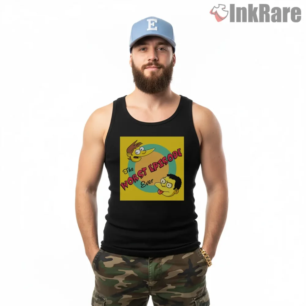 Worst Episode Ever Simpsons Retro Logo Cartoon Shirt on black tank top for men graphic tee
