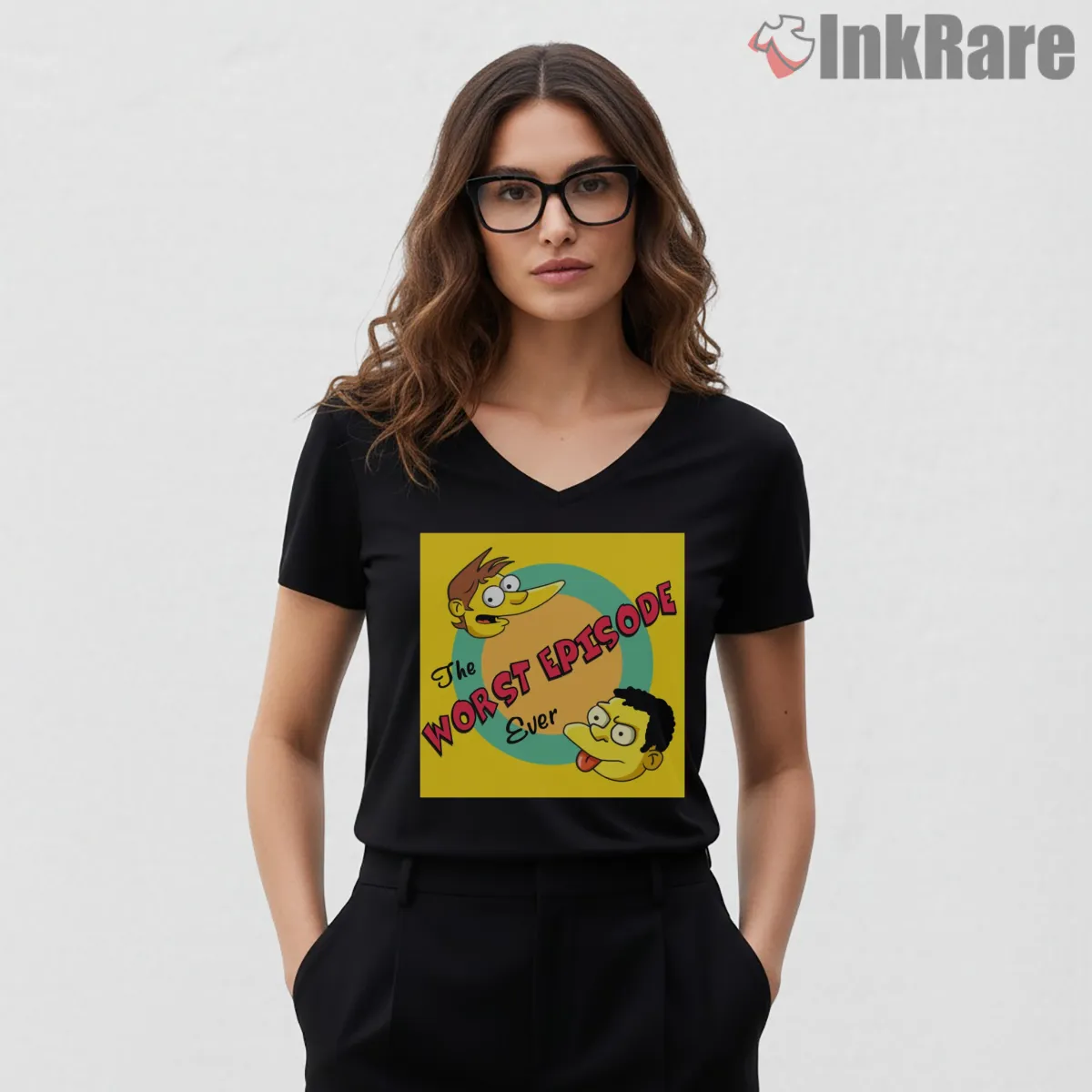 Worst Episode Ever Simpsons Retro Logo Cartoon V Neck Black Worst Episode Ever Simpsons Retro Logo Cartoon Shirt on black v-neck shirt for women graphic tee