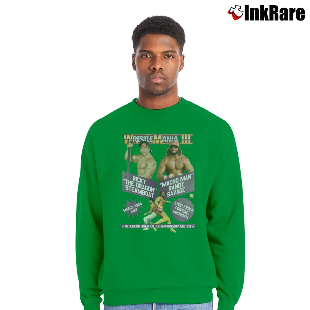 Men’s Wrestlemania 3 Ricky The Dragon Steamboat Vs Macho Man WWE Crewneck Sweatshirt in irish green | Cozy Fabric, Clean Style