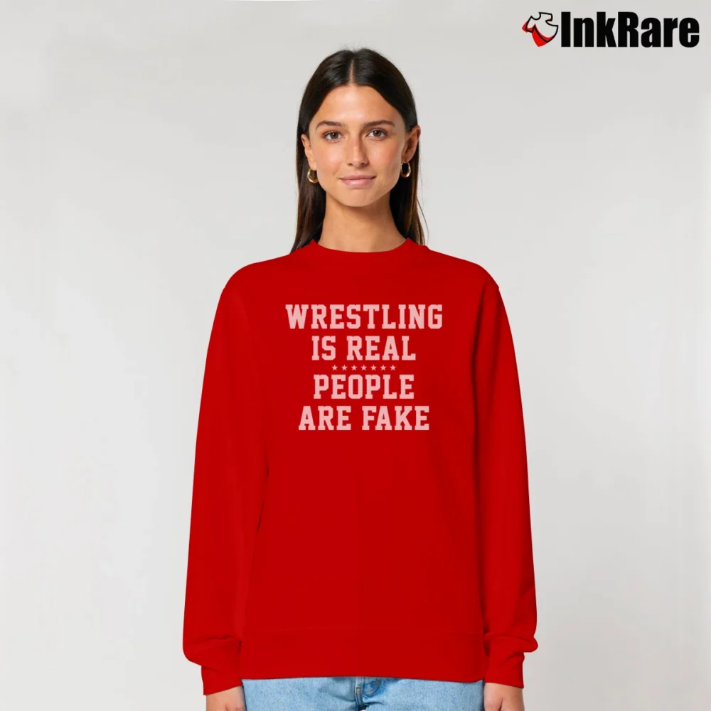 Women’s Wrestling Is Real People Are Fake Relaxed Sweatshirt in red | Soft, Laid-Back Vibe