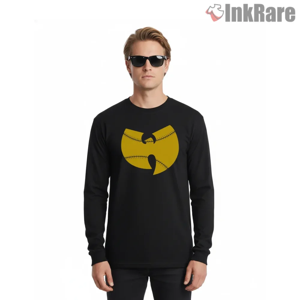 Wu Baseball Stitch Logo Shirt on black long sleeve shirt for men graphic tee