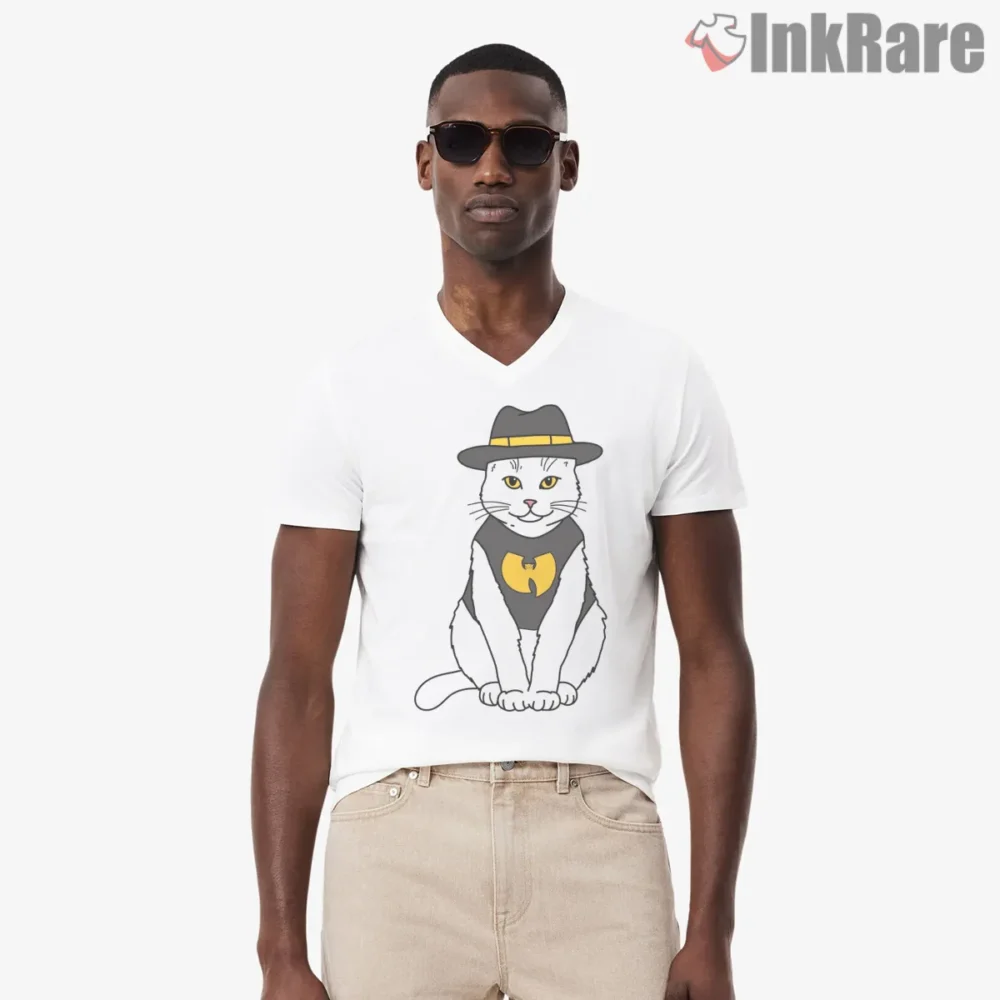 Wu Cat Fedora Mascot Cartoon Shirt on white v-neck shirt for men graphic tee