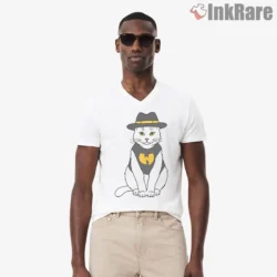 Wu Cat Fedora Mascot Cartoon Shirt on white v-neck shirt for men graphic tee