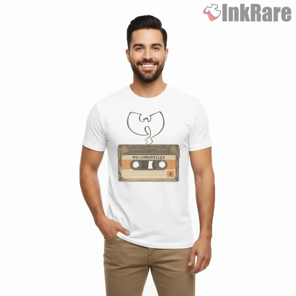Wu Chronicles Cassette Smoke Outline Shirt on white short sleeve shirt for men graphic tee