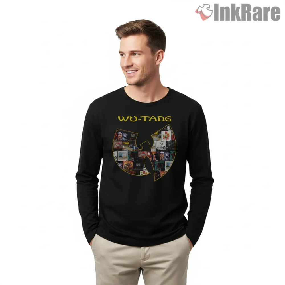 Wu Tang Album Collage Classic Shirt on black long sleeve shirt for men graphic tee