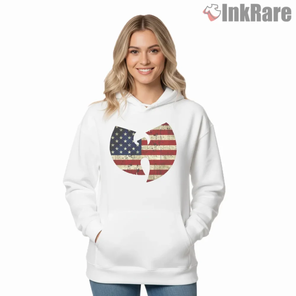Wu Tang American Flag Distressed Emblem Shirt on white hoodie for women graphic tee