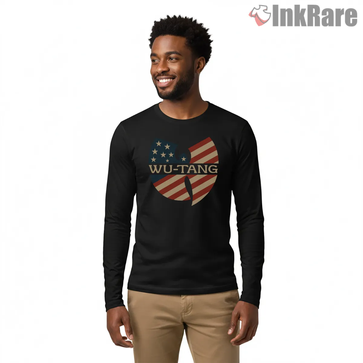 Wu Tang American Flag Emblem Shirt on black long sleeve shirt for men graphic tee