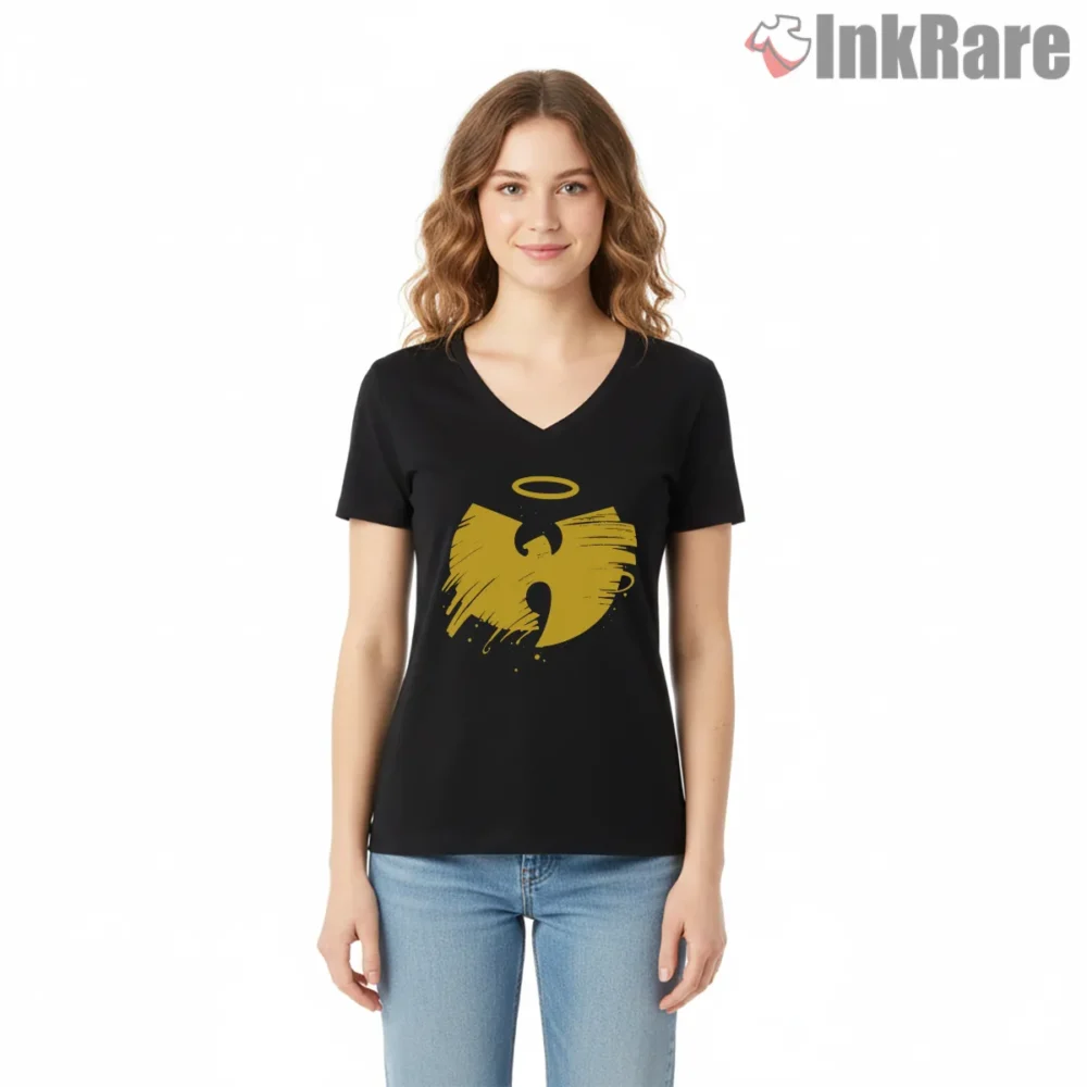 Wu Tang Angel Halo Brushstroke Logo Shirt on black v-neck shirt for women graphic tee