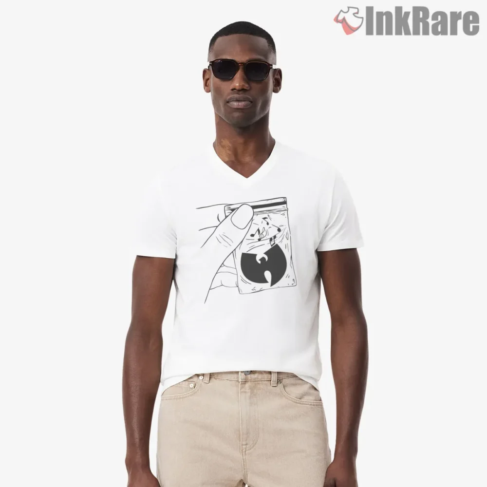 Wu Tang Baggie Hand Sketch Underground Humor Shirt on white v-neck shirt for men graphic tee