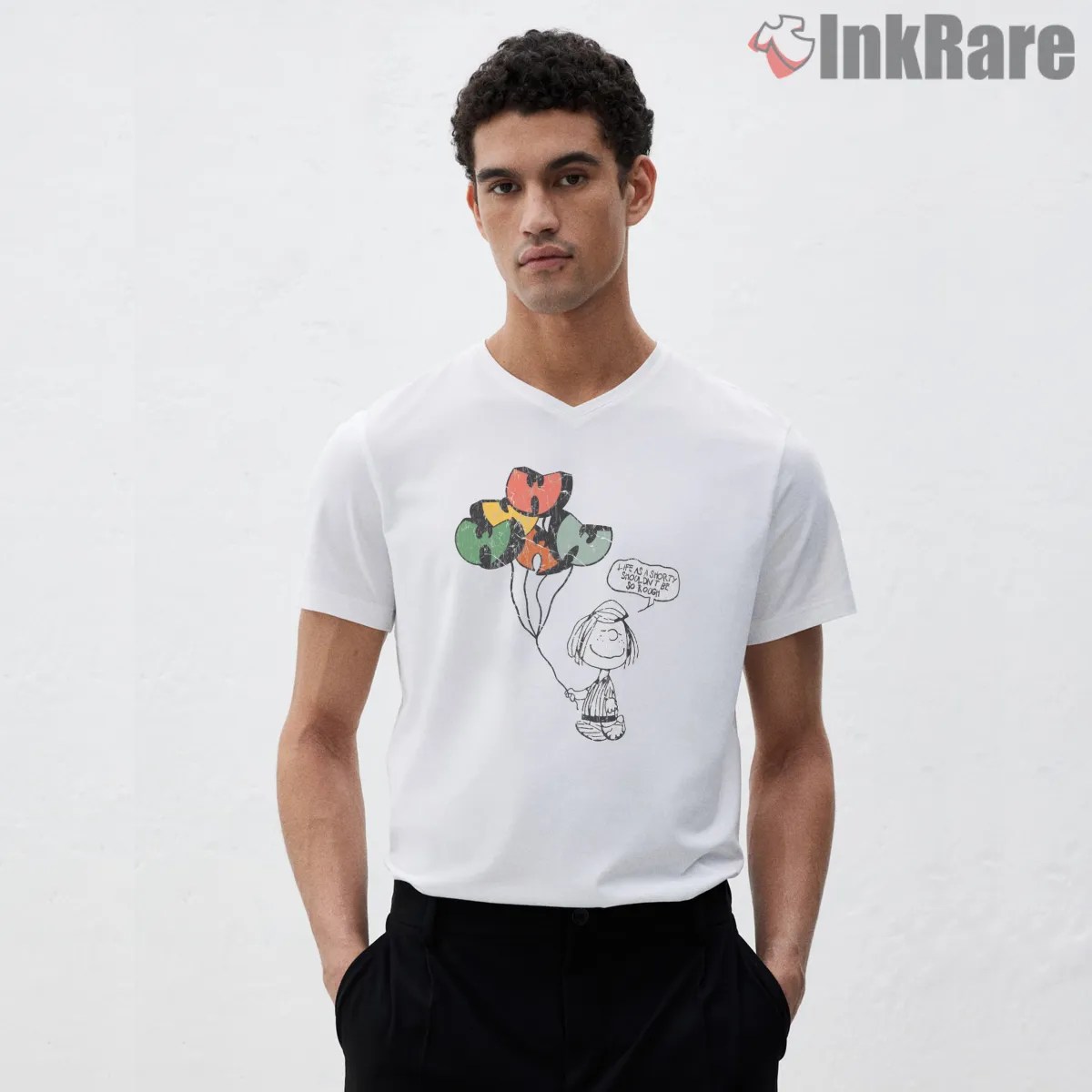 Wu Tang Balloon Bundle Kid Sketch Art V Neck White Wu Tang Balloon Bundle Kid Sketch Art Shirt on white v-neck shirt for men graphic tee