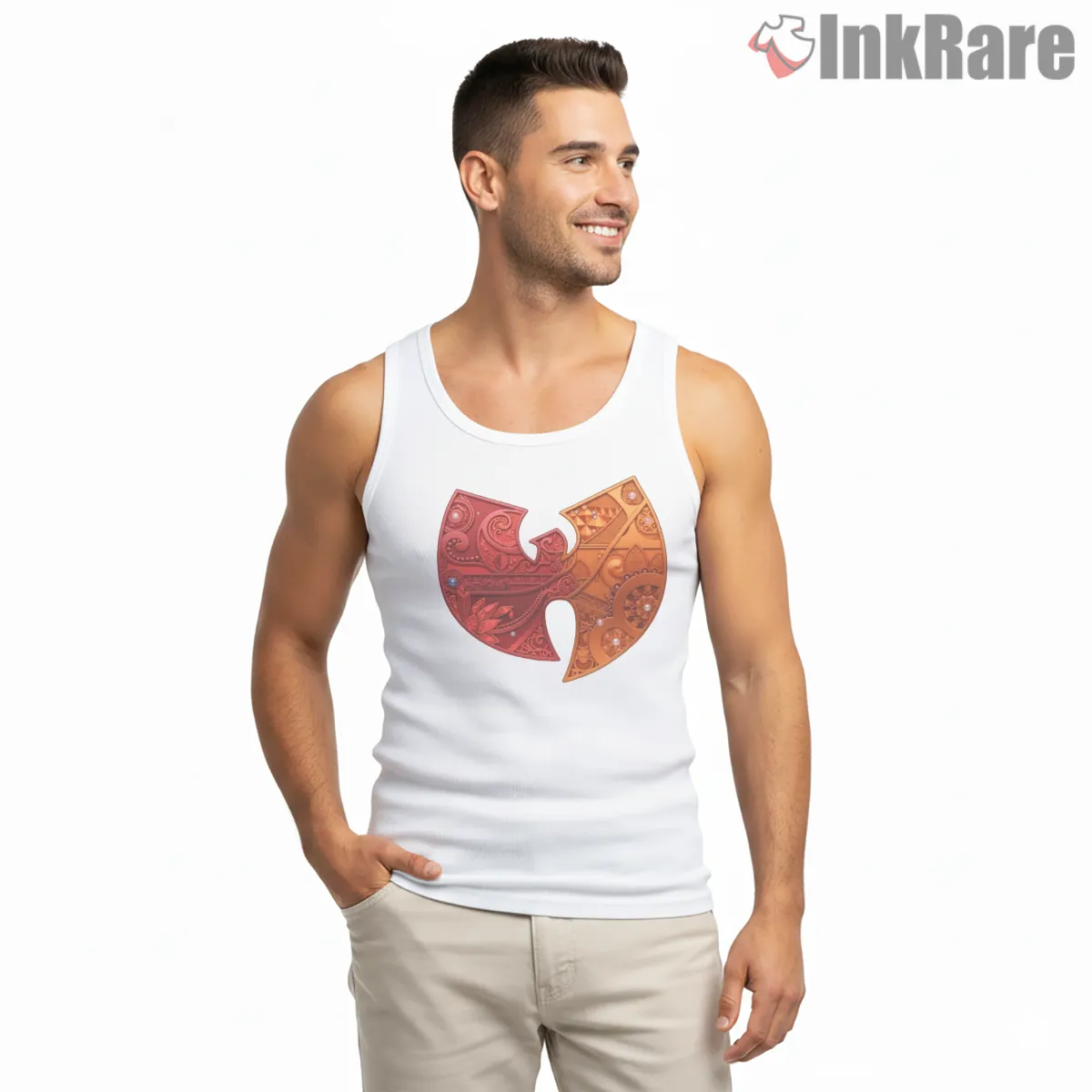 Wu Tang Bandana Paisley Ornate Emblem Shirt on white tank top for men graphic tee
