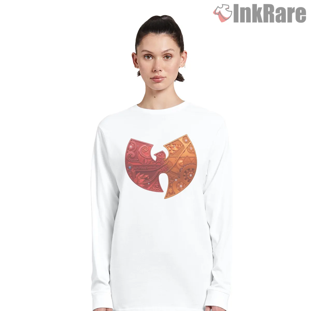 Wu Tang Bandana Paisley Ornate Emblem Long Sleeve White Wu Tang Bandana Paisley Ornate Emblem Shirt on white long sleeve shirt for women graphic tee