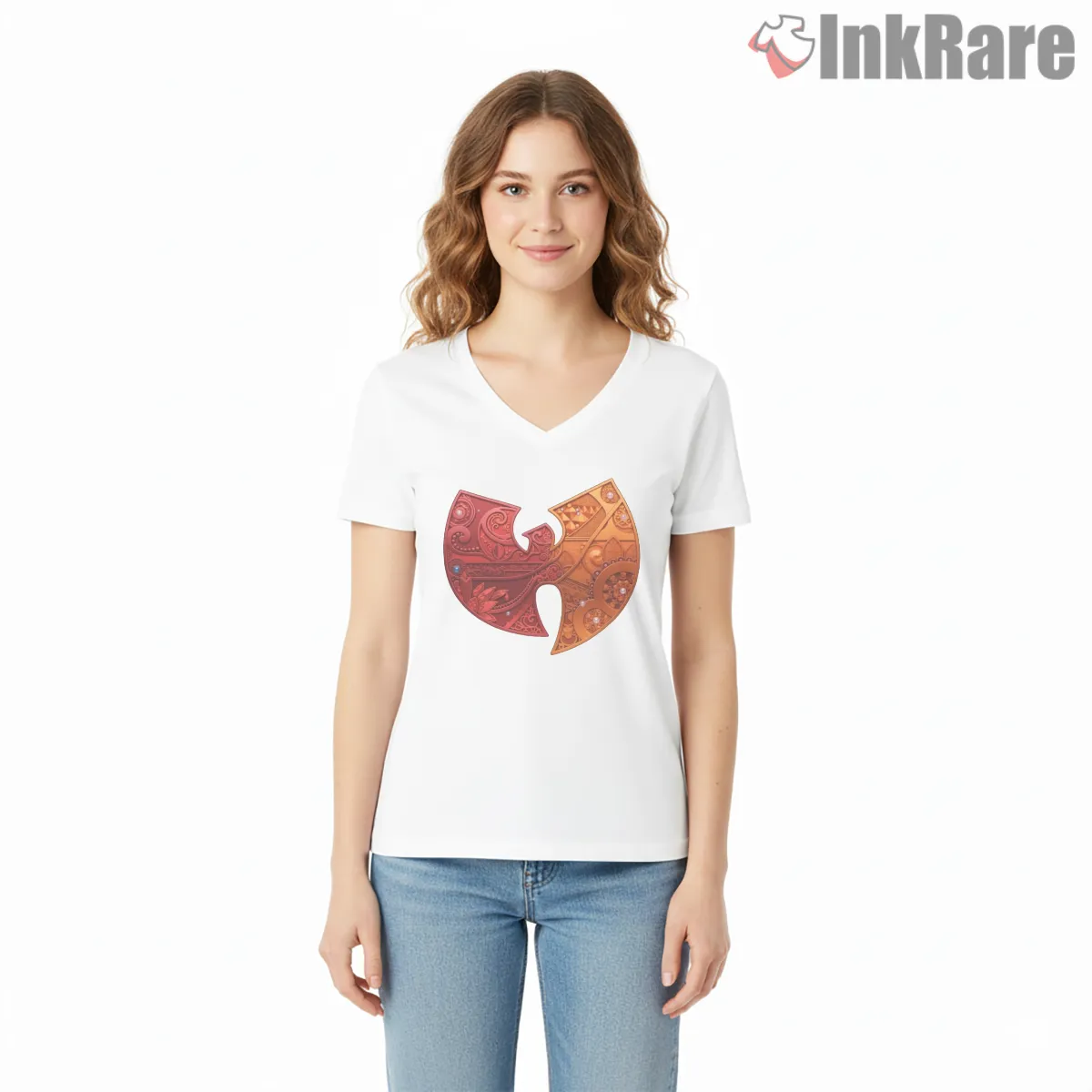 Wu Tang Bandana Paisley Ornate Emblem V Neck White Wu Tang Bandana Paisley Ornate Emblem Shirt on white v-neck shirt for women graphic tee